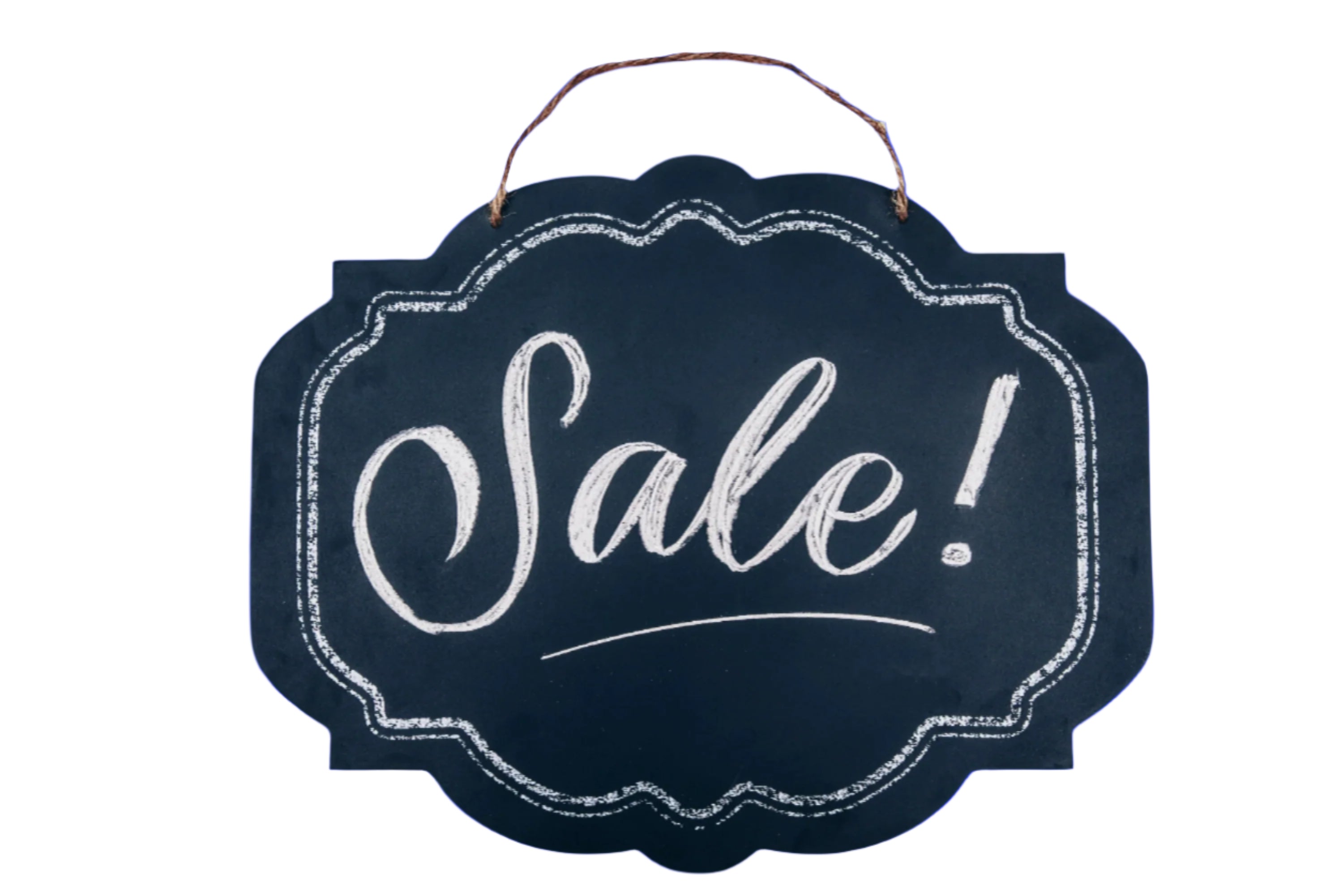 Black sign with 'Sale!' text on a white background